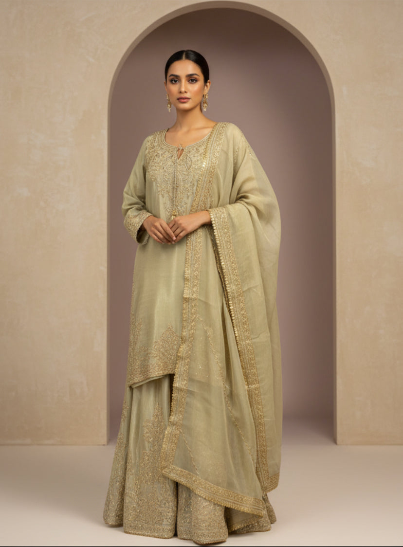 Powder Green Embroidered Sharara Suit