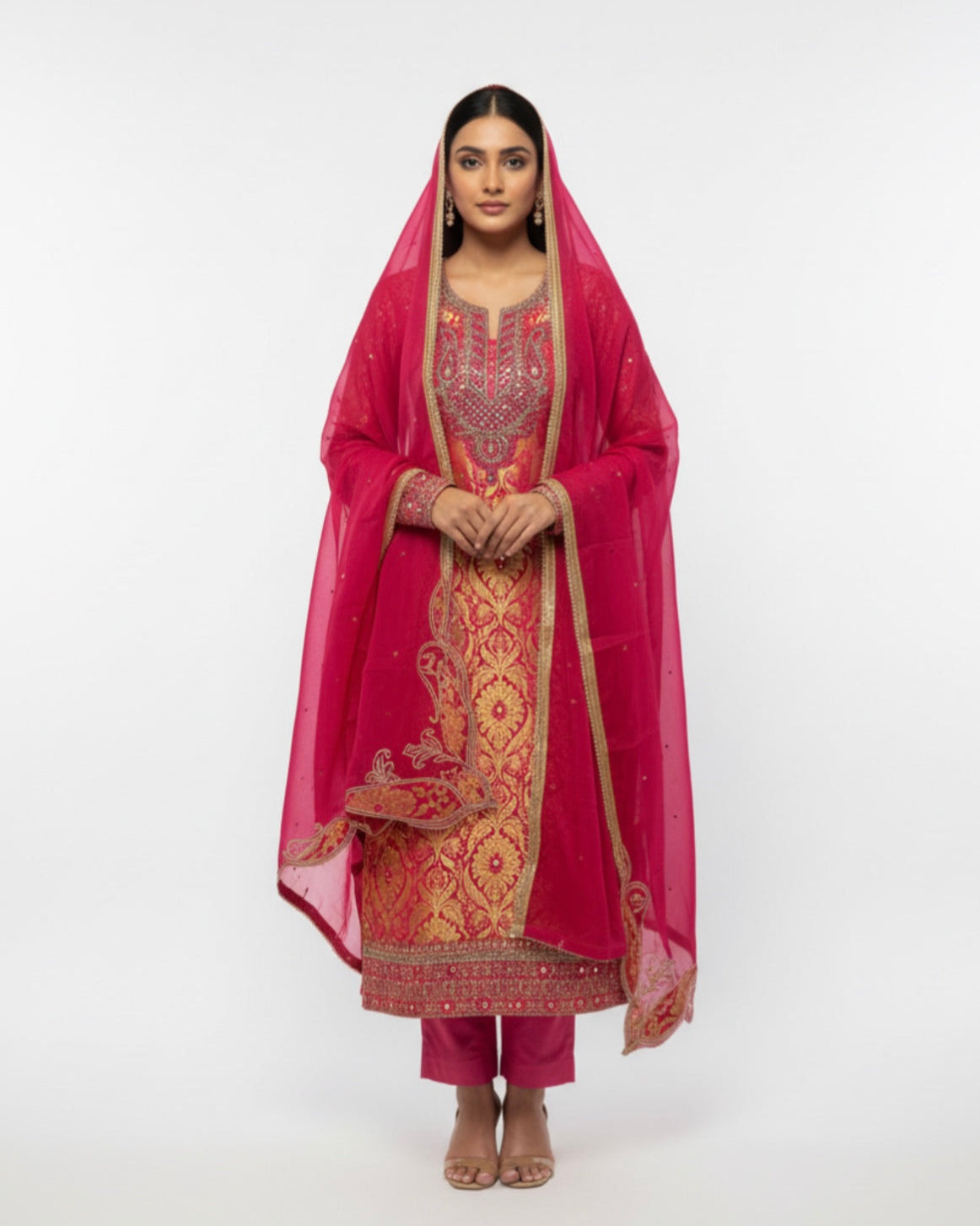 Red and Gold Banarsi unstitched suit