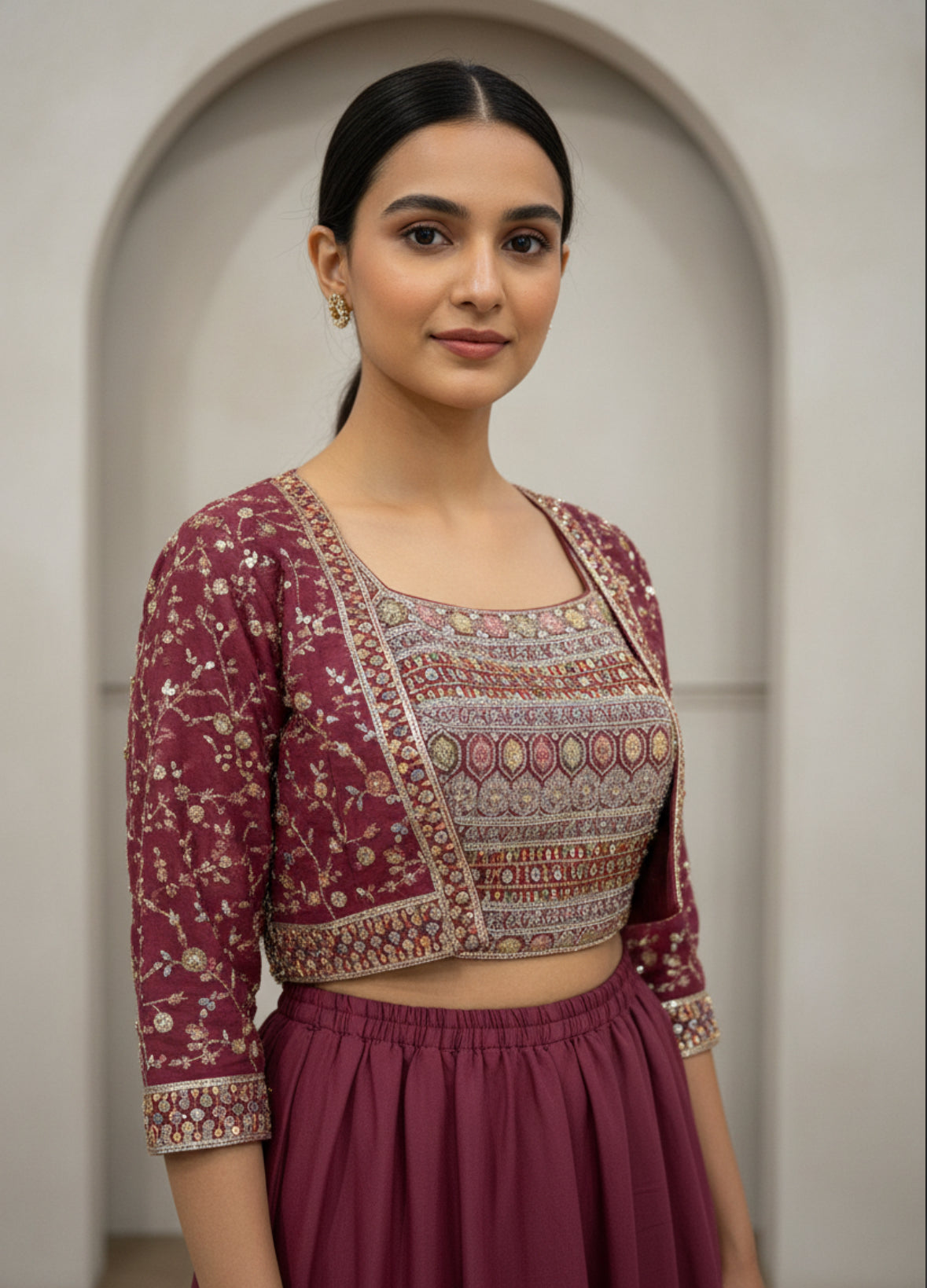 Wine Embroidered Crop Top and Jacket Set