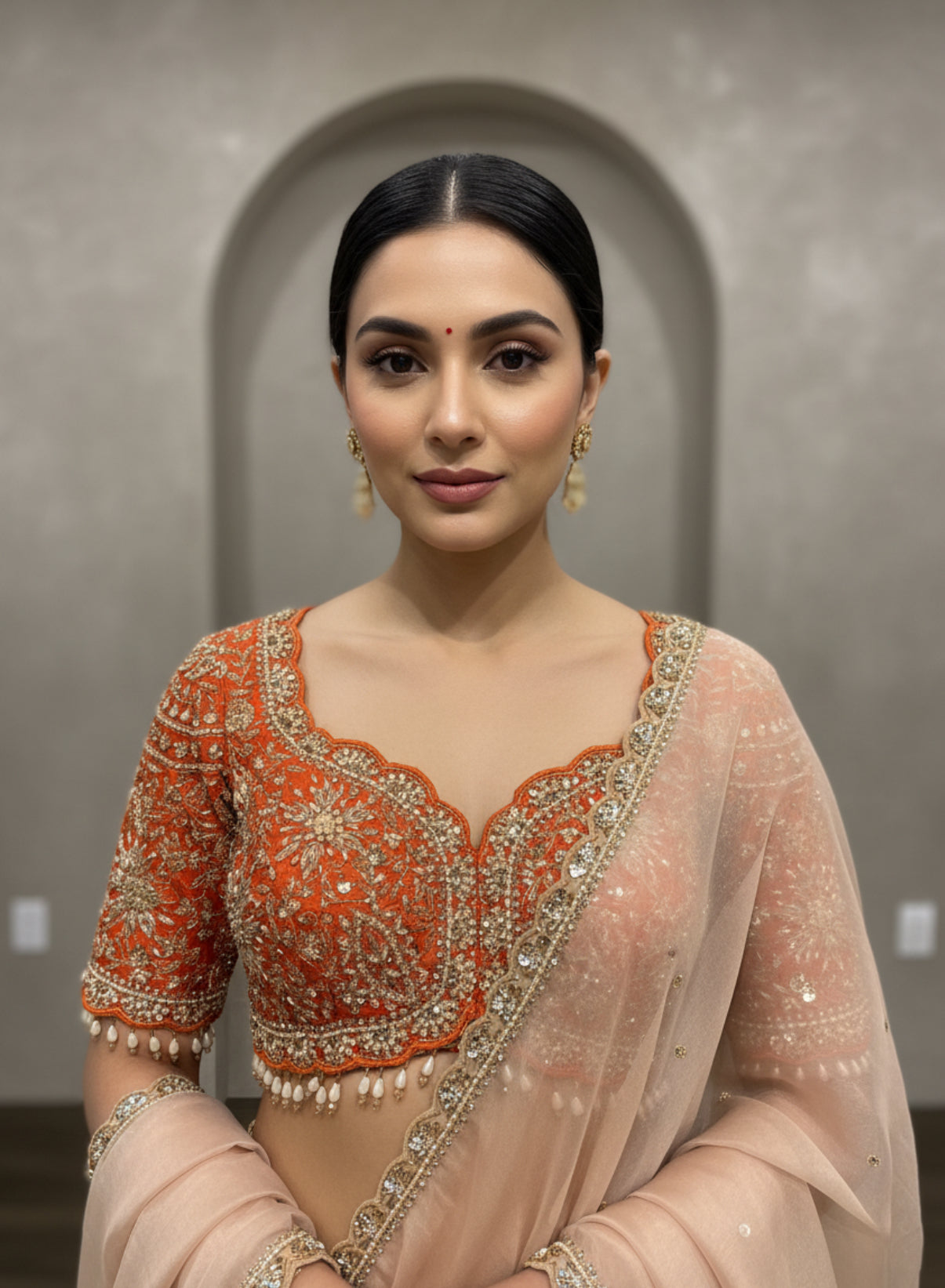 Elegant Peach-Beige Embroidered Saree