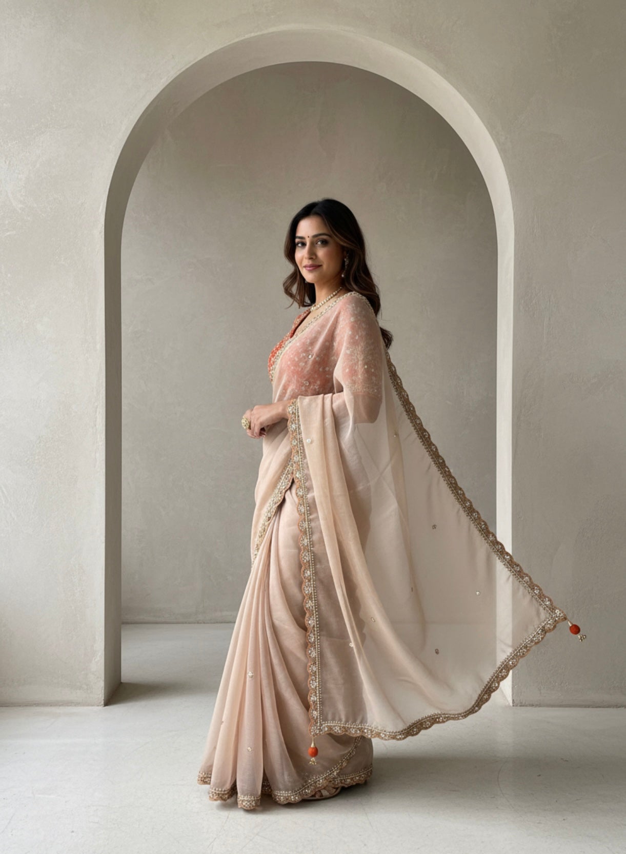 Elegant Peach-Beige Embroidered Saree