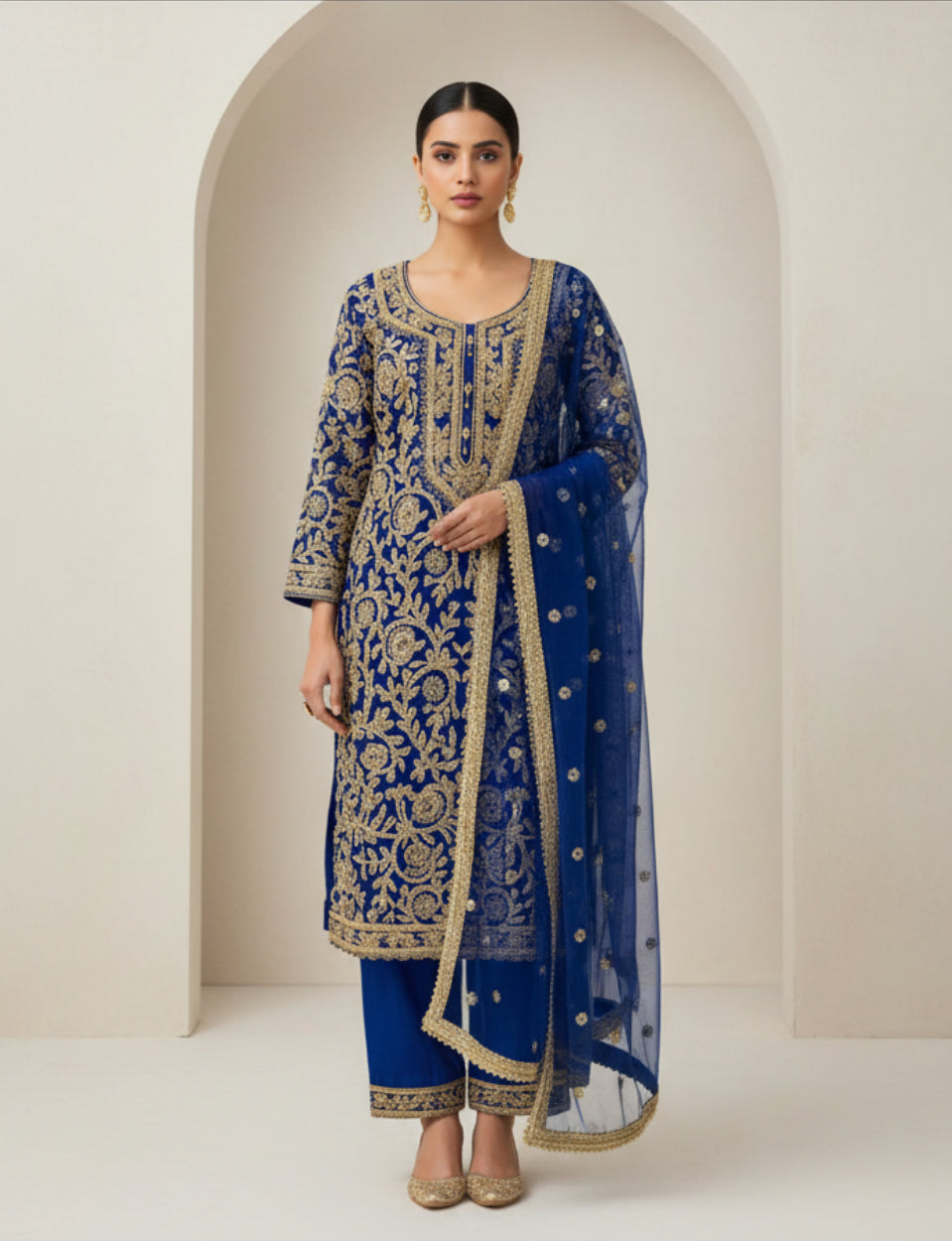 Royal Blue Embroidered Salwar Suit with Pants Set