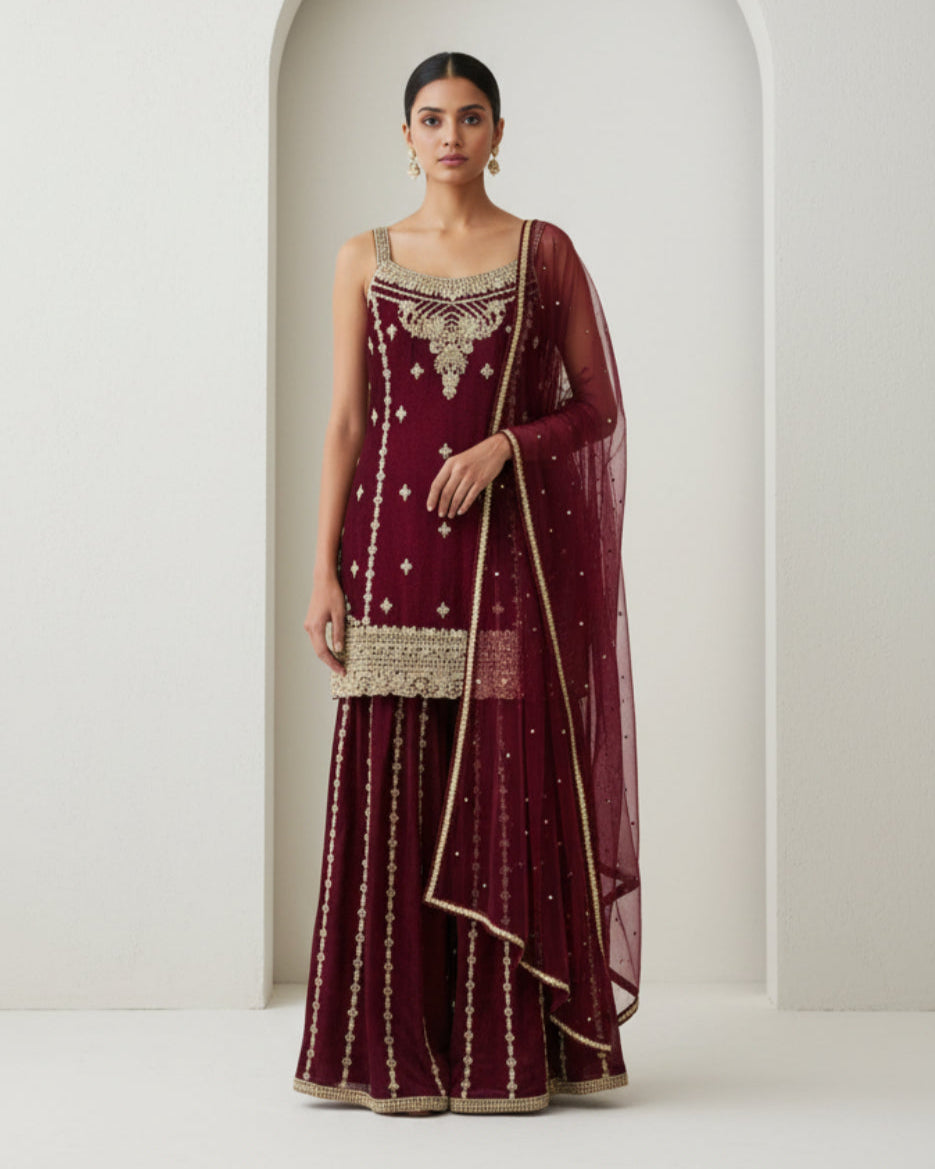 Maroon Embroidered Sharara Set with Dupatta