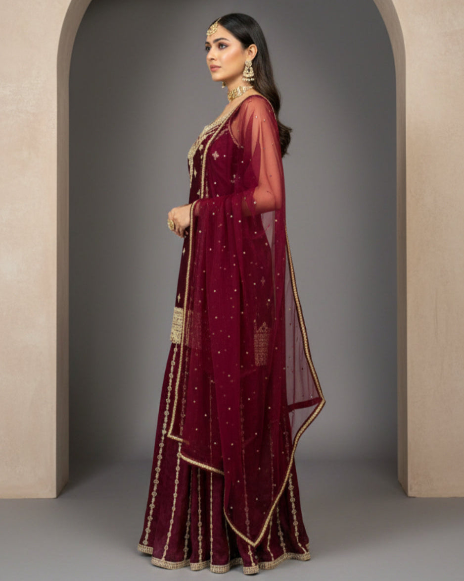 Maroon Embroidered Sharara Set with Dupatta