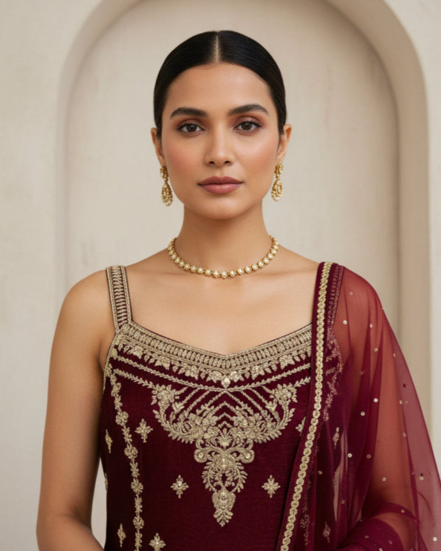 Maroon Embroidered Sharara Set with Dupatta