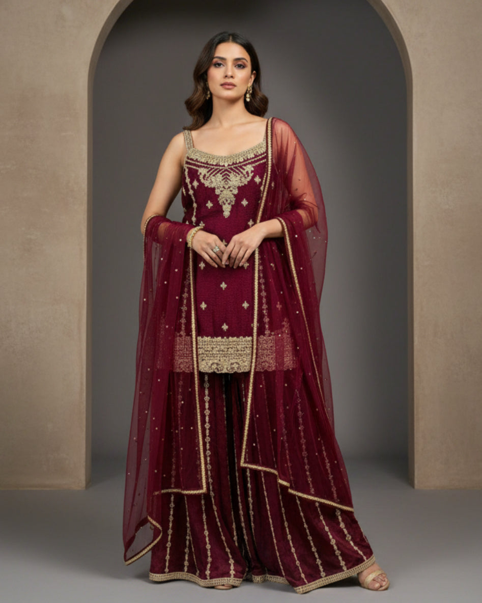 Maroon Embroidered Sharara Set with Dupatta