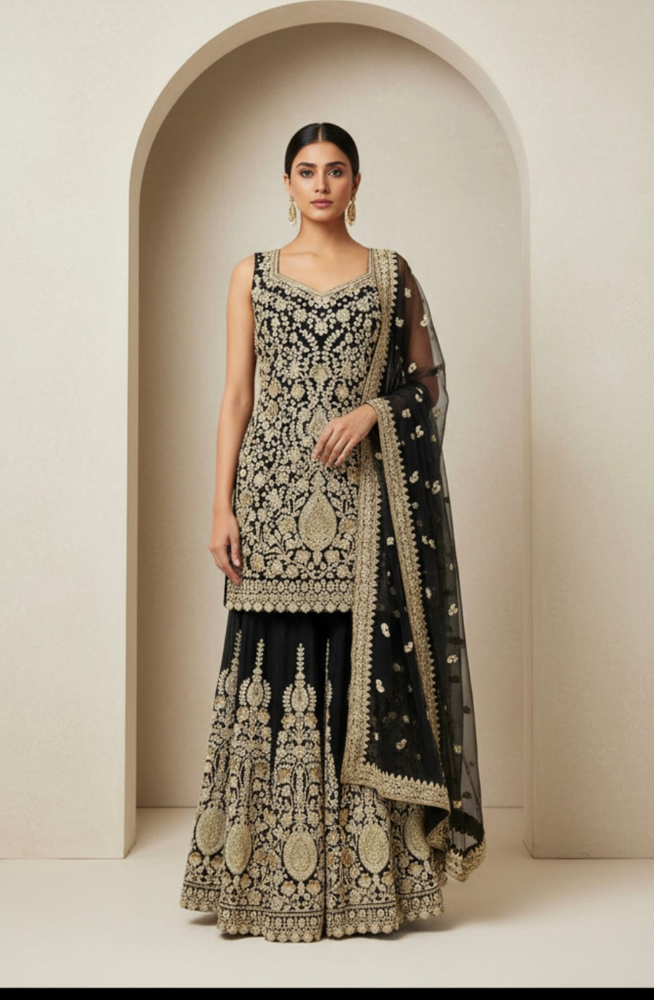 Grey black and Gold Heavy Embroidered Sharara Suit Set