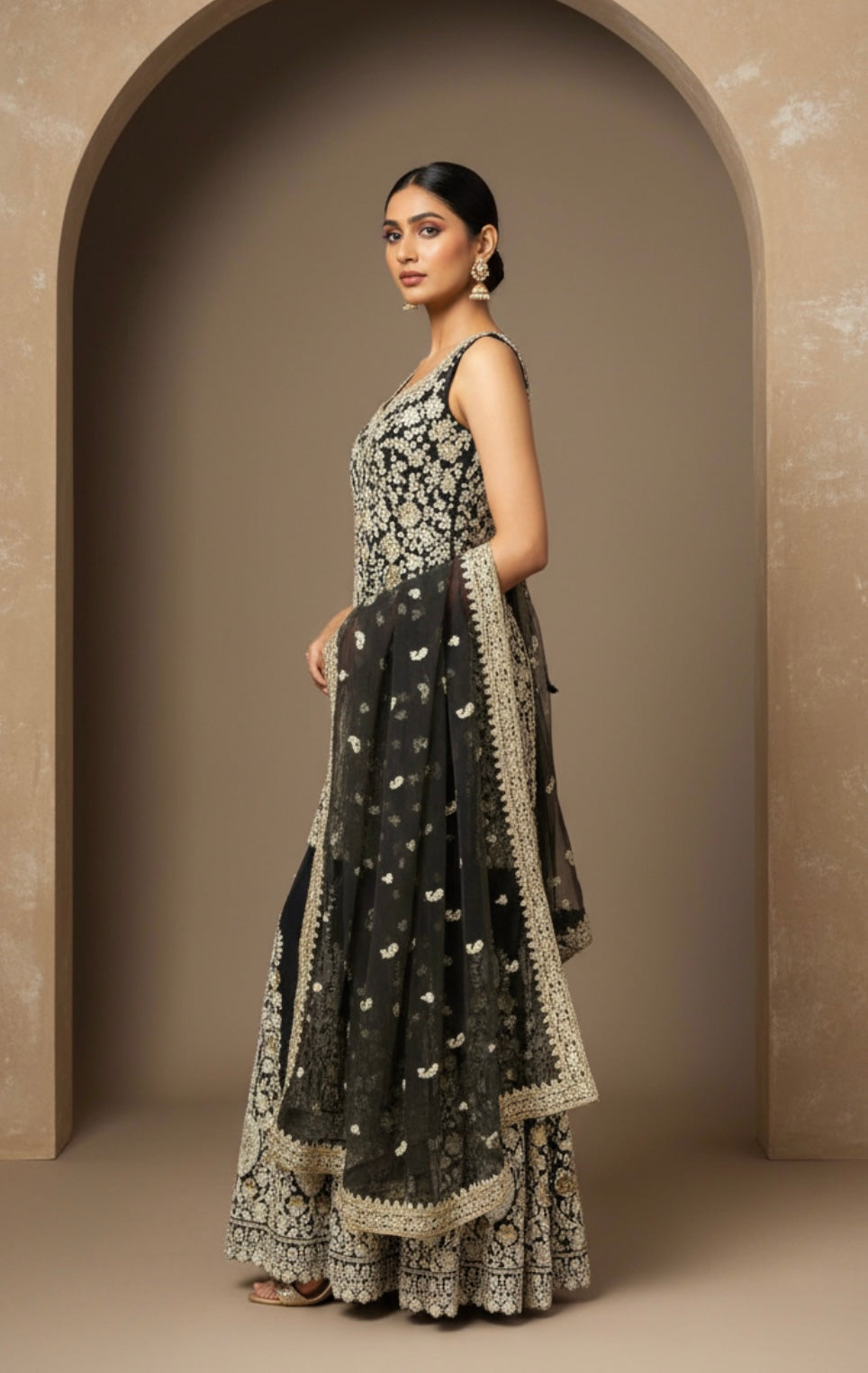 Grey black and Gold Heavy Embroidered Sharara Suit Set