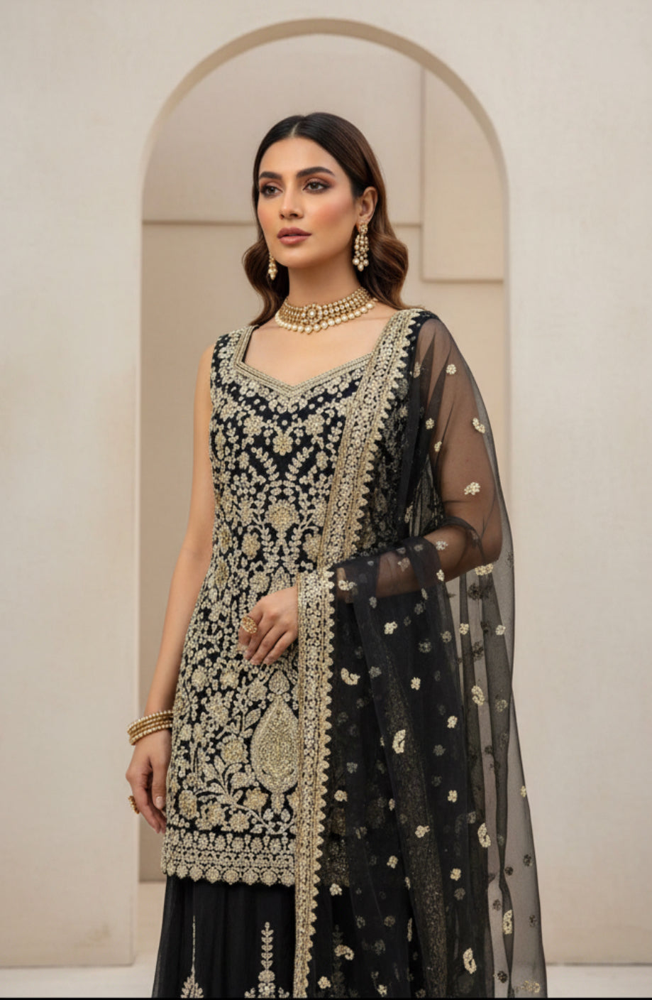 Grey black and Gold Heavy Embroidered Sharara Suit Set