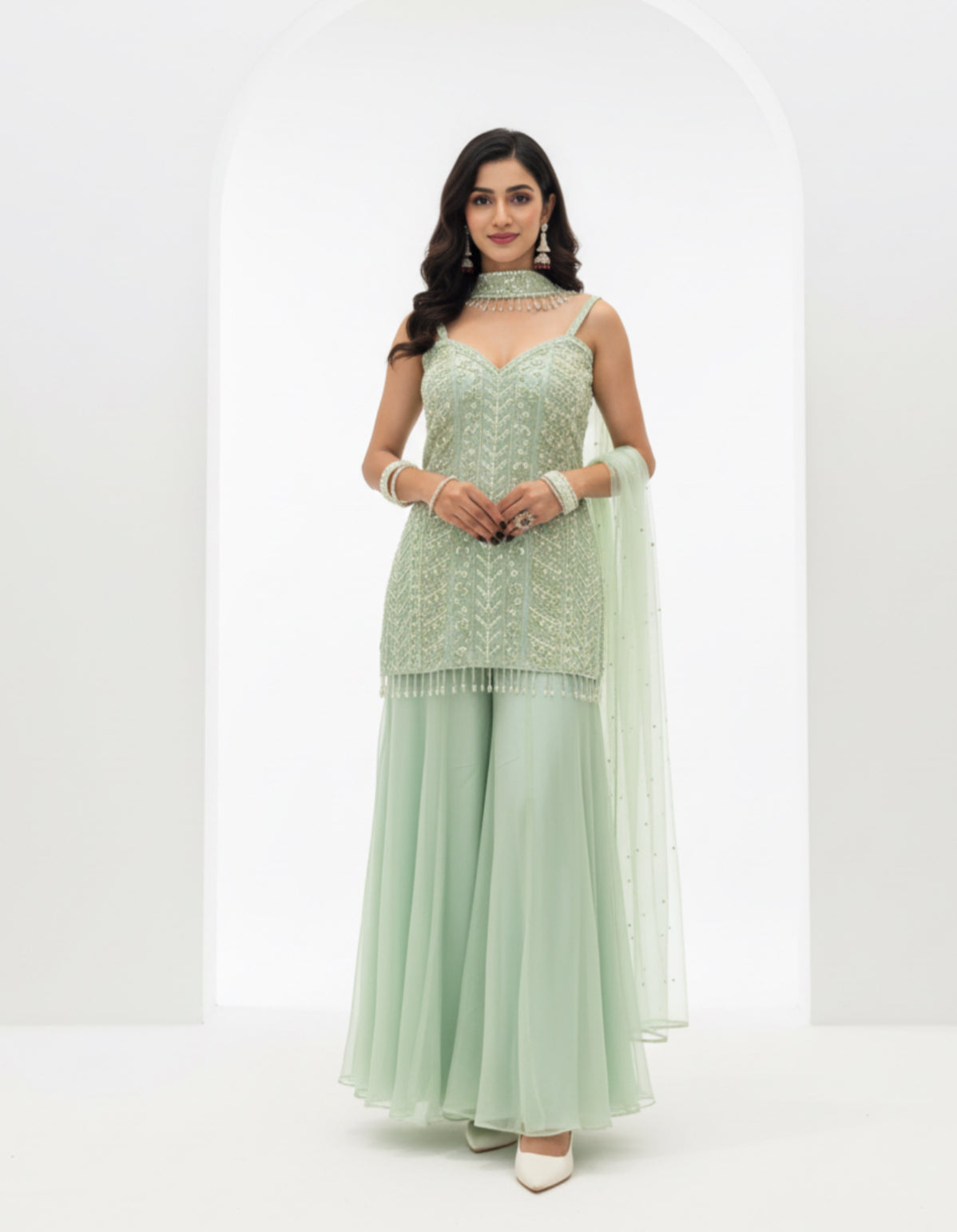 Pastel Green Embroidered Sharara Set