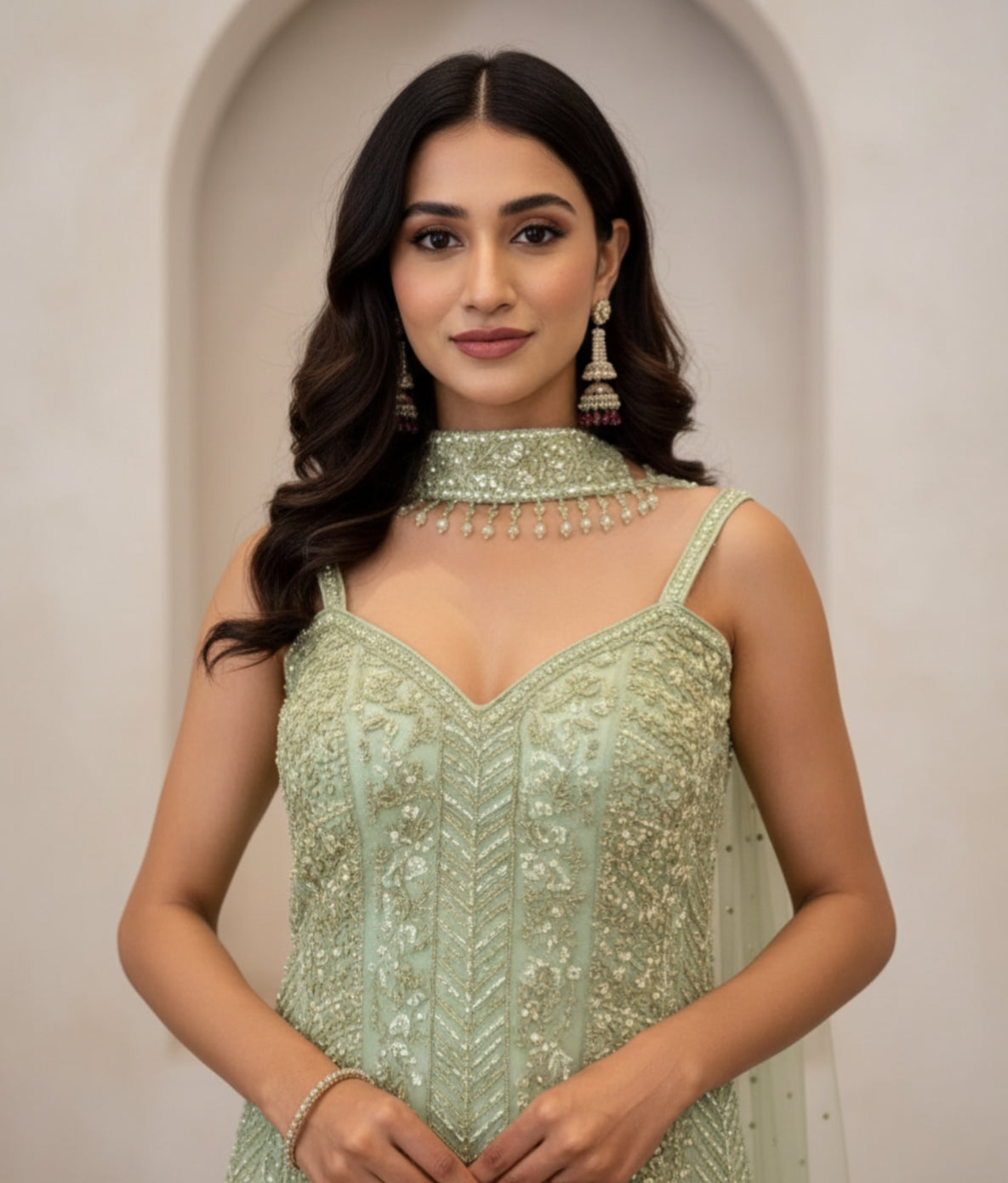 Pastel Green Embroidered Sharara Set