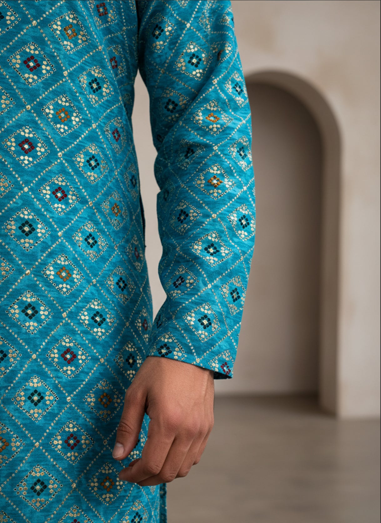 Turquoise Printed Kurta for Men
