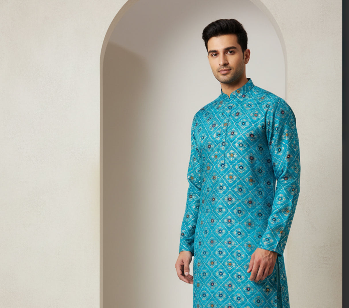 Turquoise Printed Kurta for Men