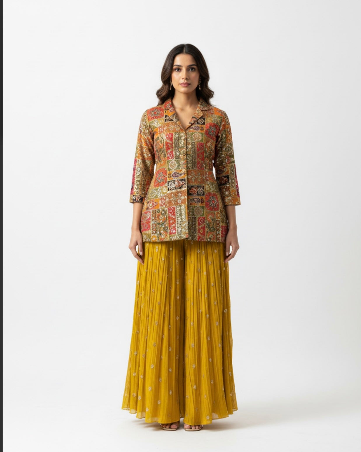Printed Jacket with Mustard Embroidered Sharara Set