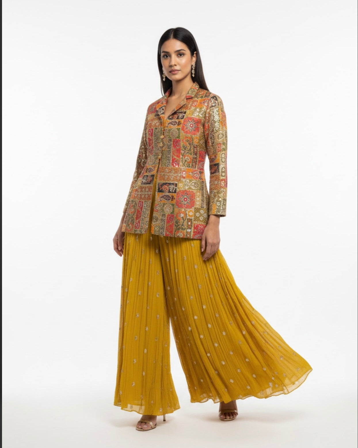 Printed Jacket with Mustard Embroidered Sharara Set