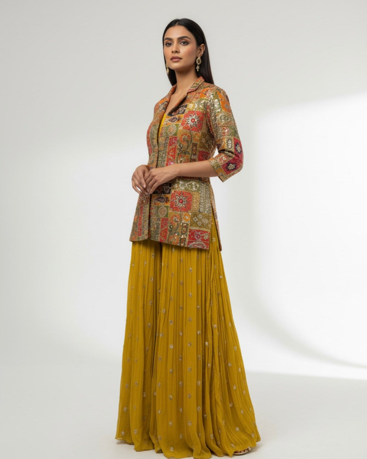Printed Jacket with Mustard Embroidered Sharara Set