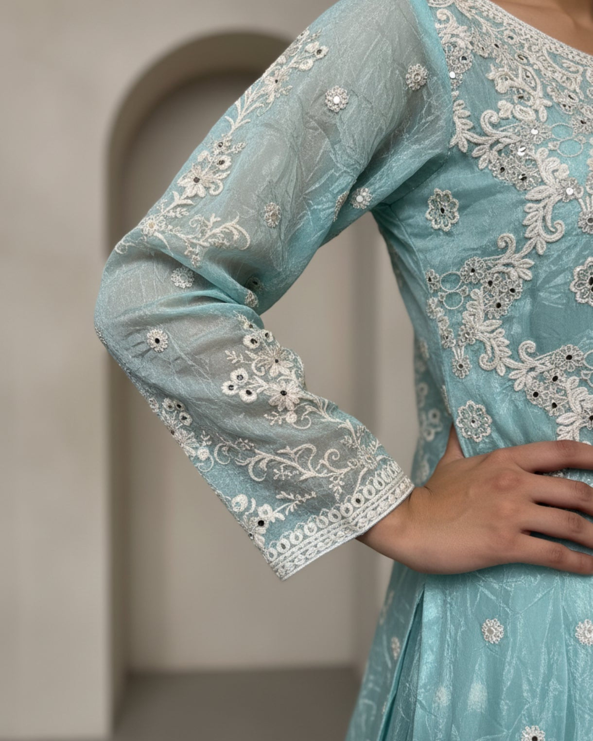 Pastel Blue/ Pink Embroidered Sharara Suit Set with Dupatta