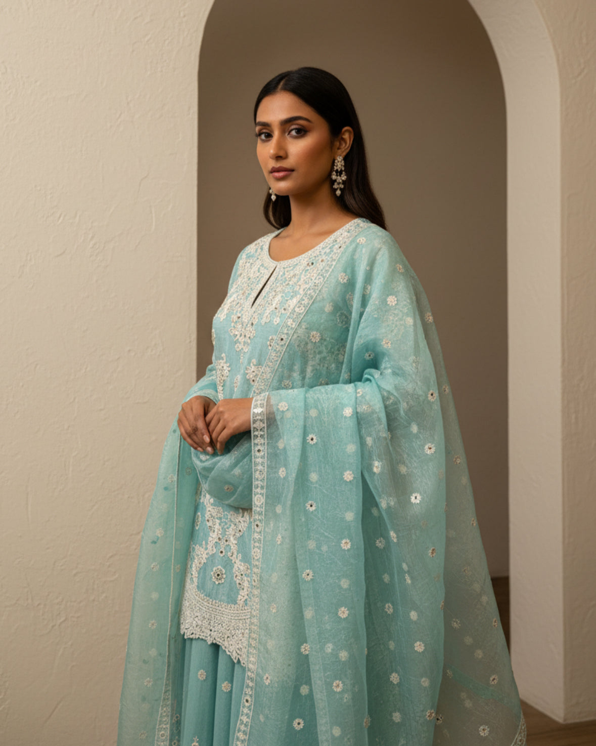 Pastel Blue/ Pink Embroidered Sharara Suit Set with Dupatta