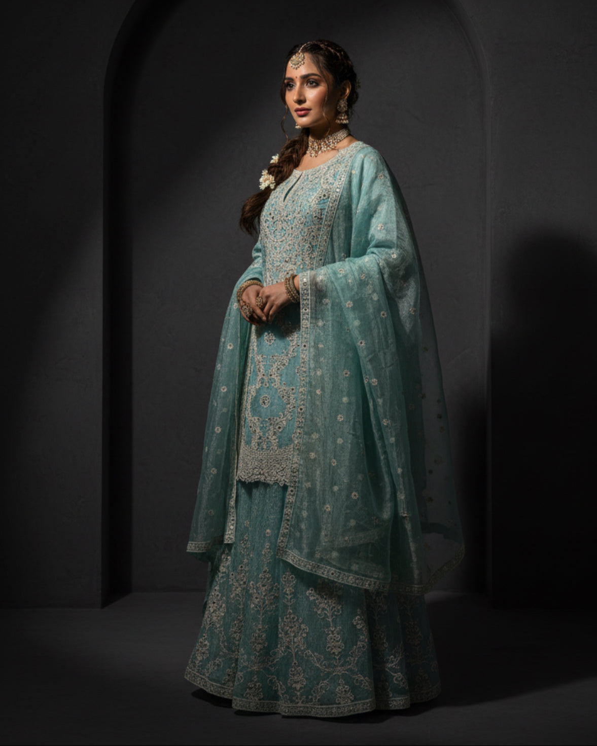 Pastel Blue/ Pink Embroidered Sharara Suit Set with Dupatta