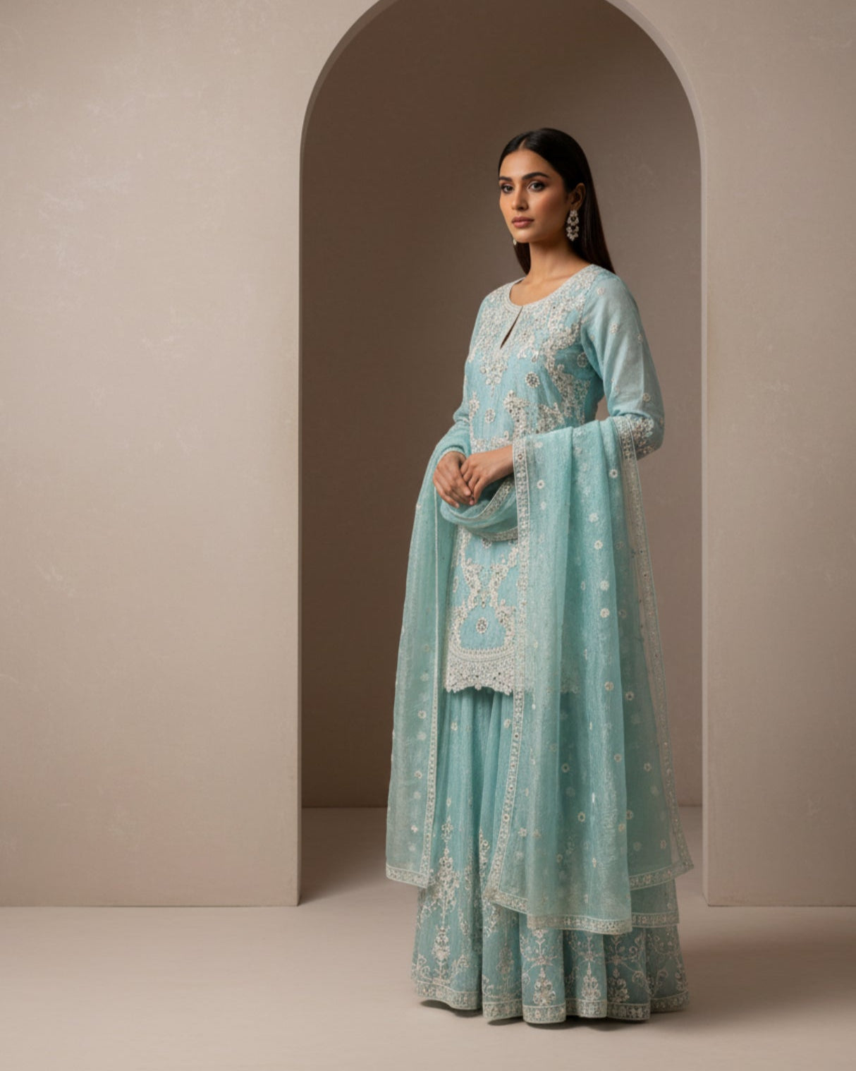 Pastel Blue/ Pink Embroidered Sharara Suit Set with Dupatta