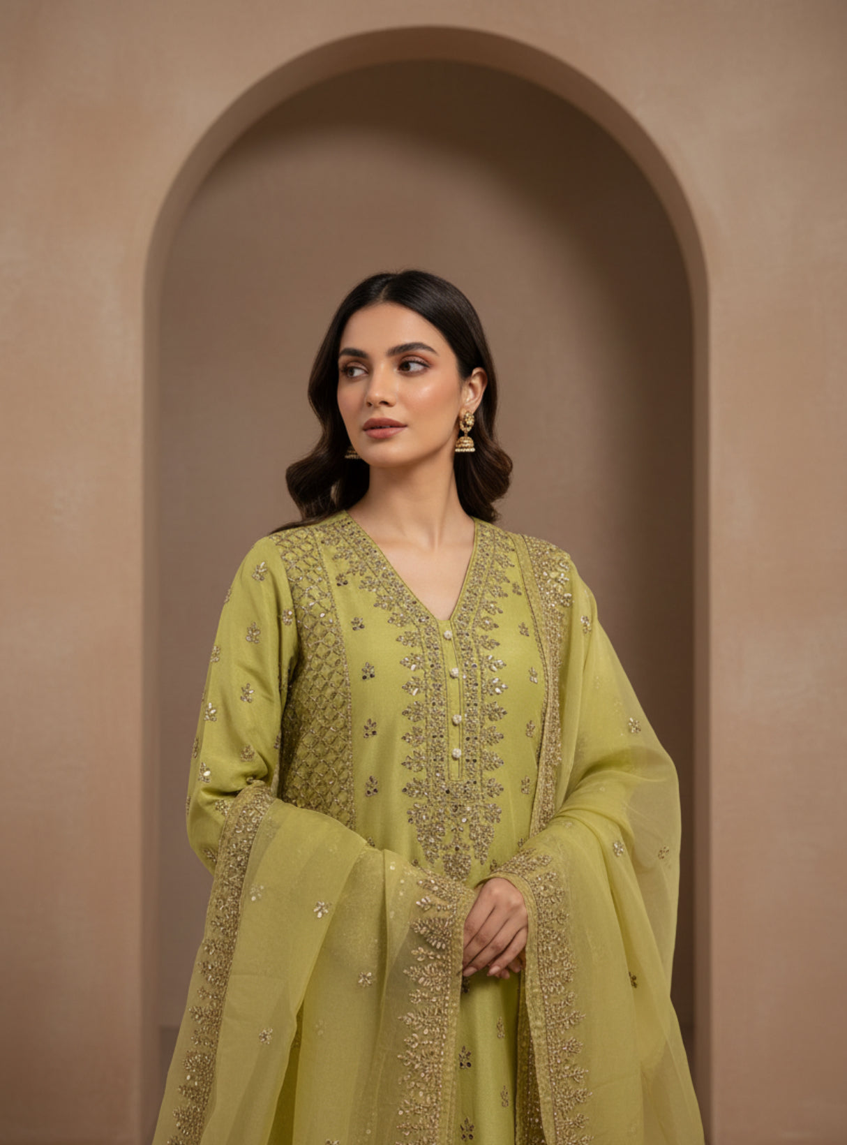Lime Yellow Embroidered Formal Pants Suit