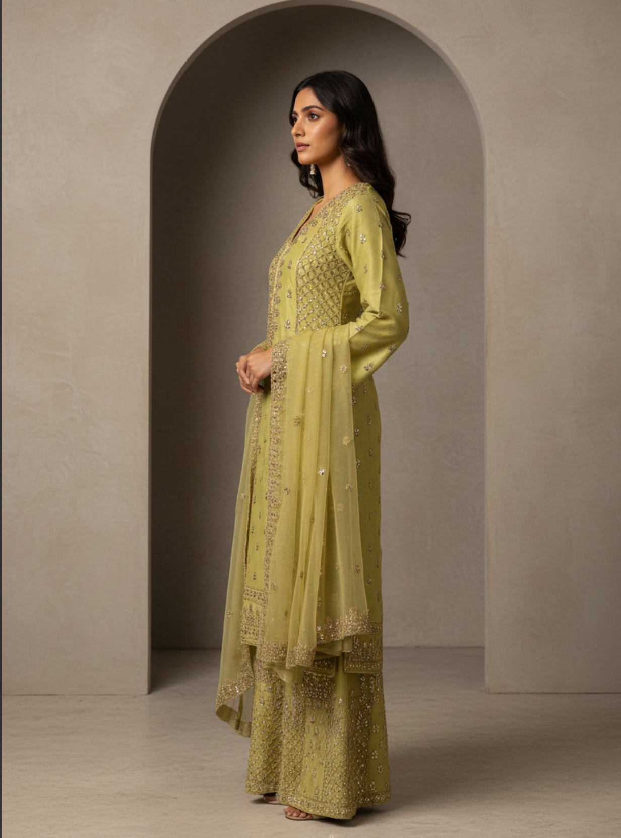 Lime Yellow Embroidered Formal Pants Suit