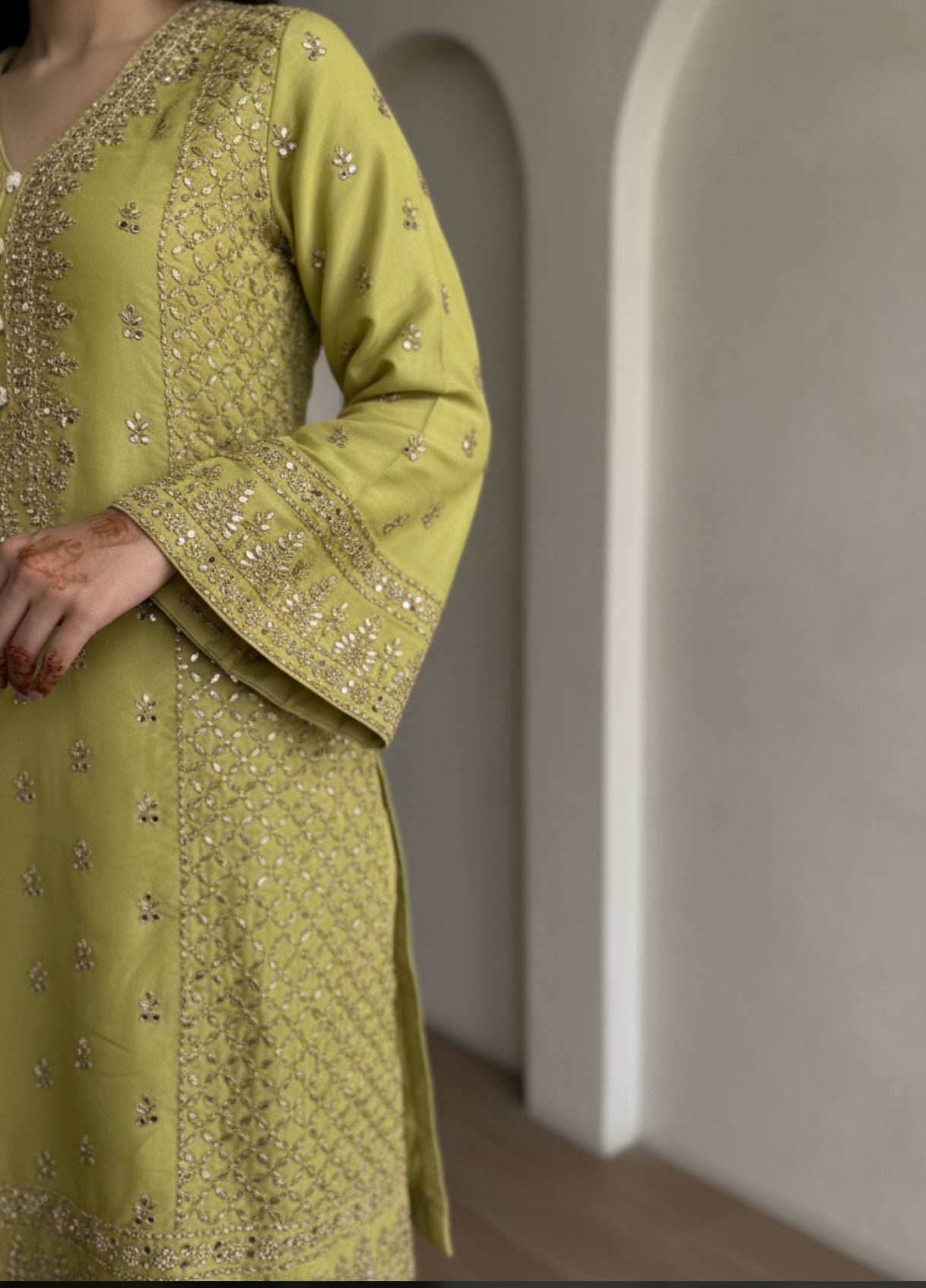 Lime Yellow Embroidered Formal Pants Suit