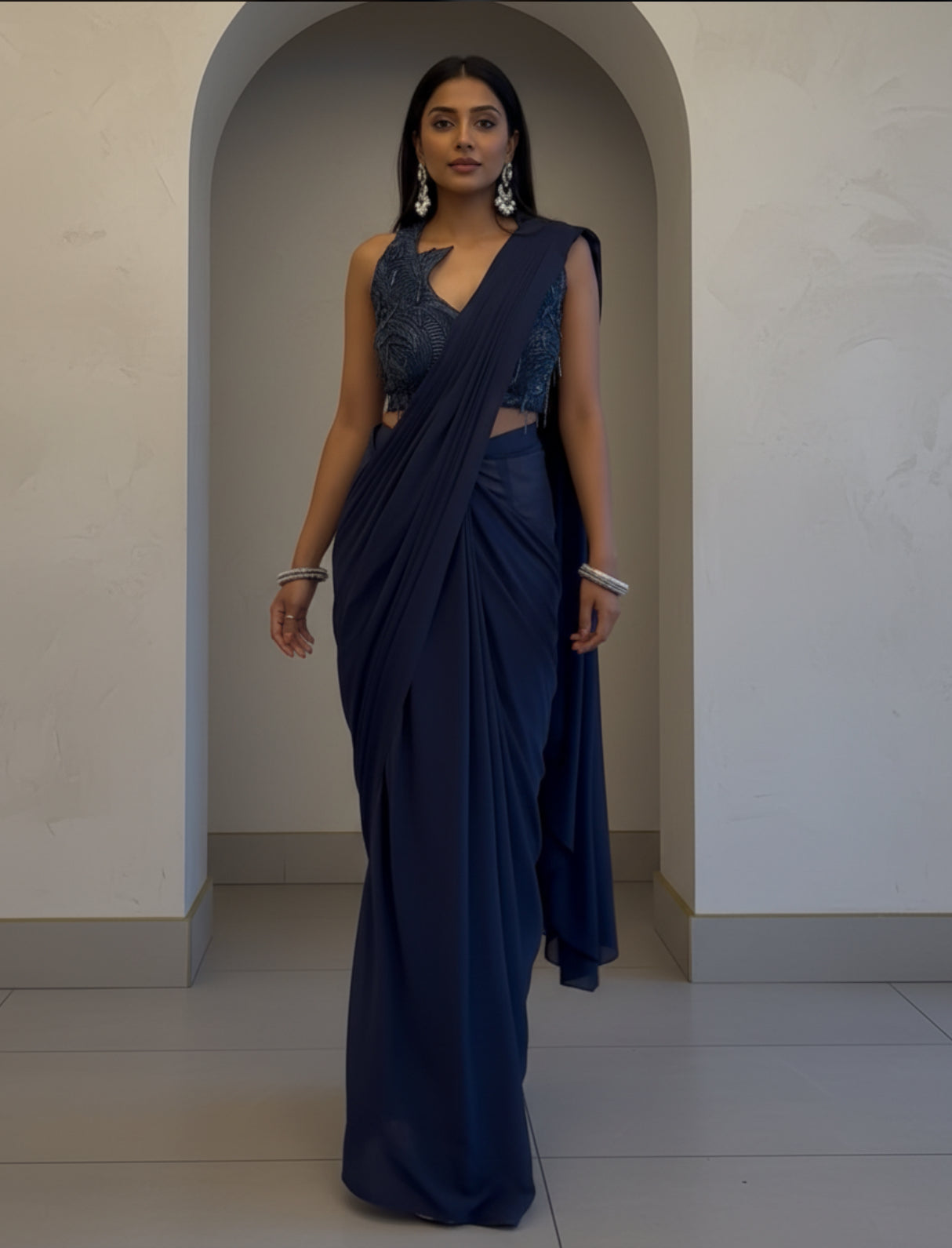 Navy Blue Drape Saree with Embroidered Blouse