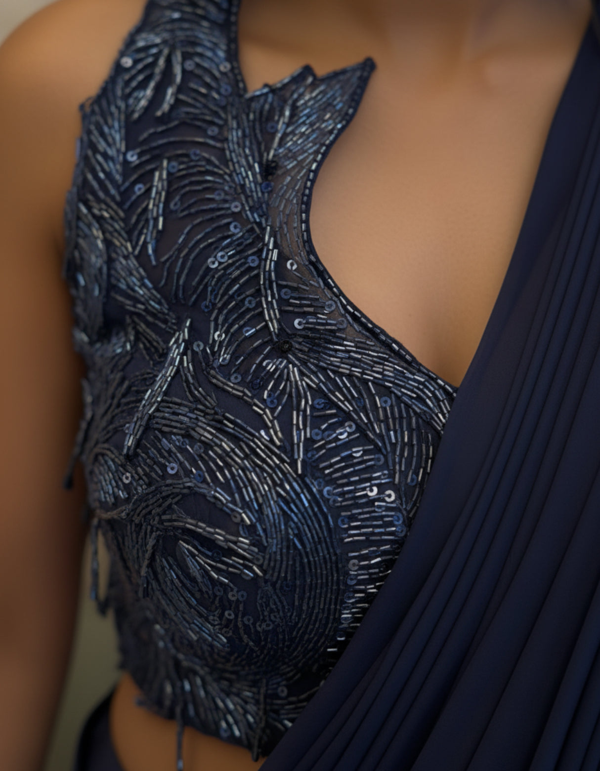 Navy Blue Drape Saree with Embroidered Blouse
