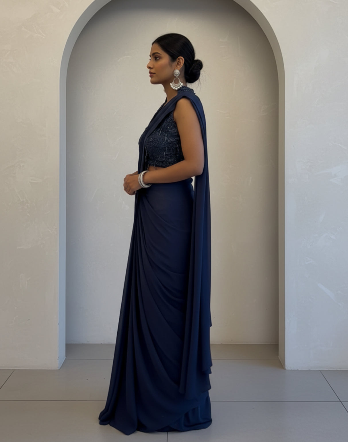 Navy Blue Drape Saree with Embroidered Blouse