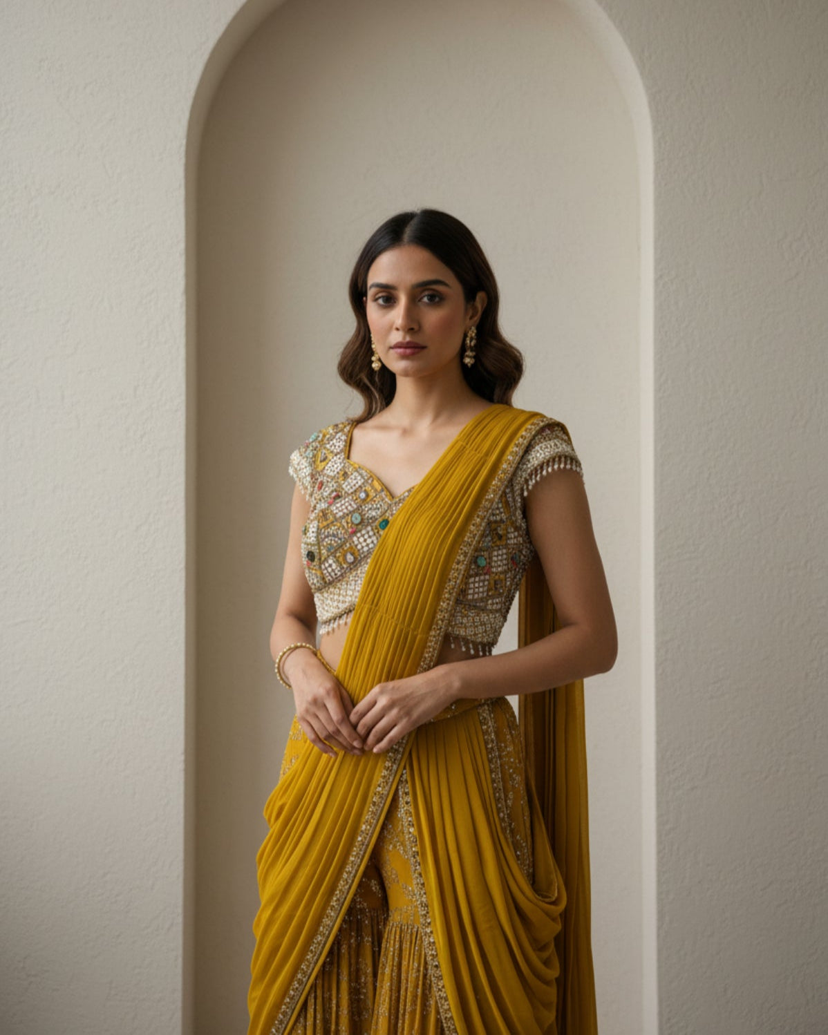 Mustard Yellow Embellished Saree Set with Mirror Work Blouse