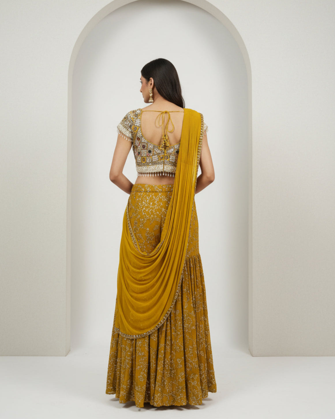 Mustard Yellow Embellished Saree Set with Mirror Work Blouse