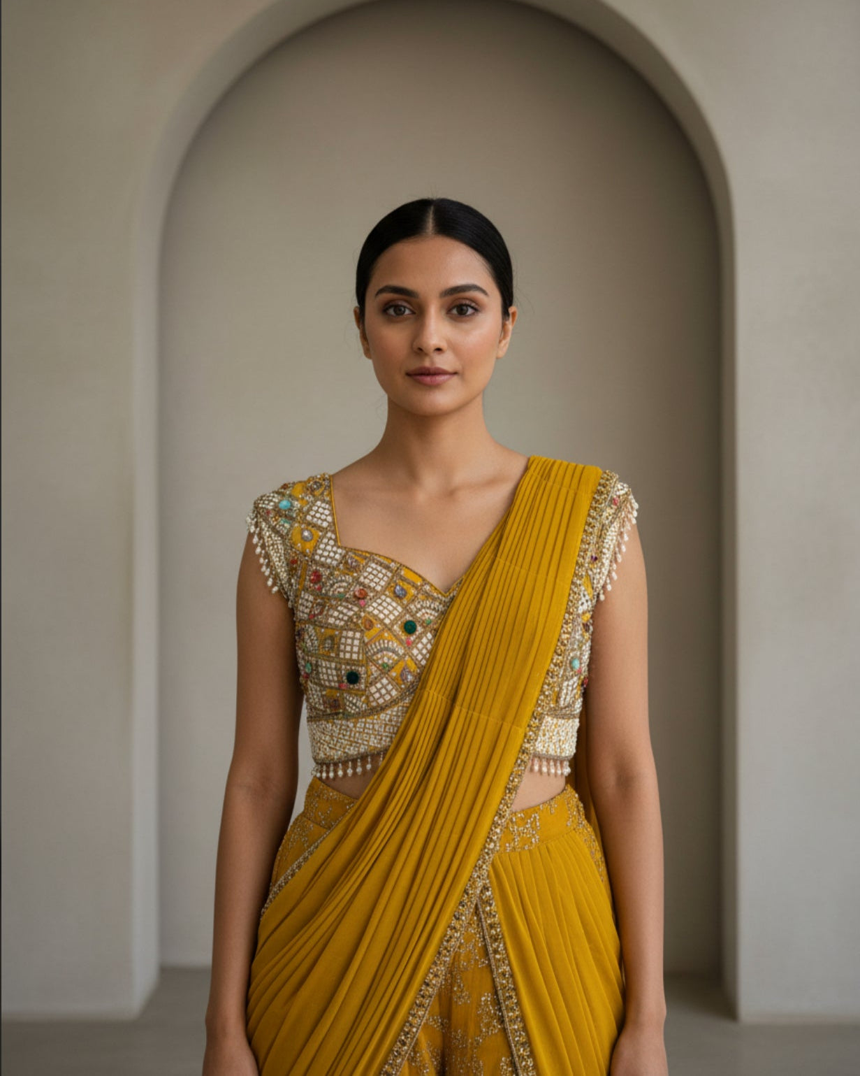 Mustard Yellow Embellished Saree Set with Mirror Work Blouse