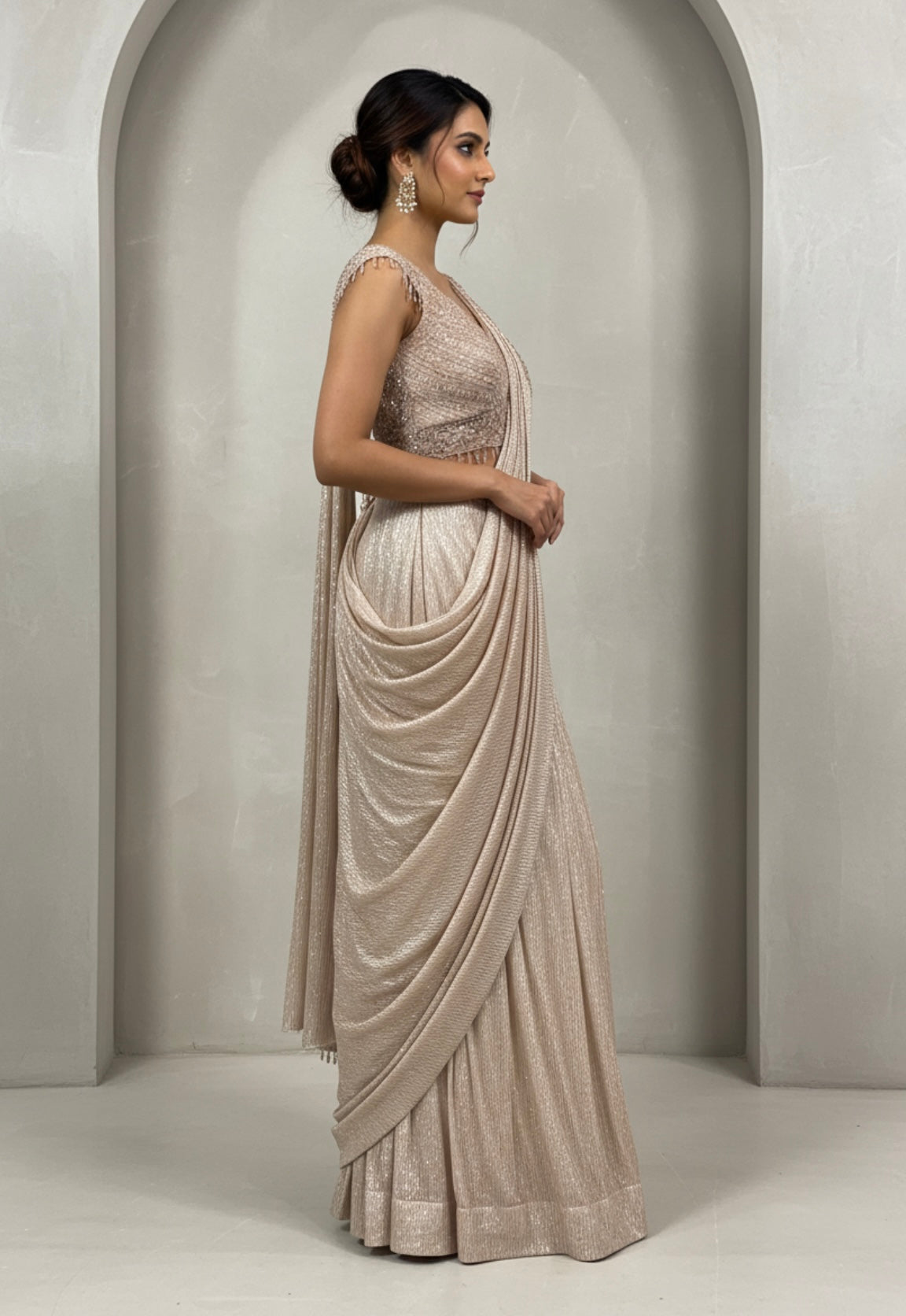 Champagne Gold Shimmer Drape Saree with Embellished Blouse
