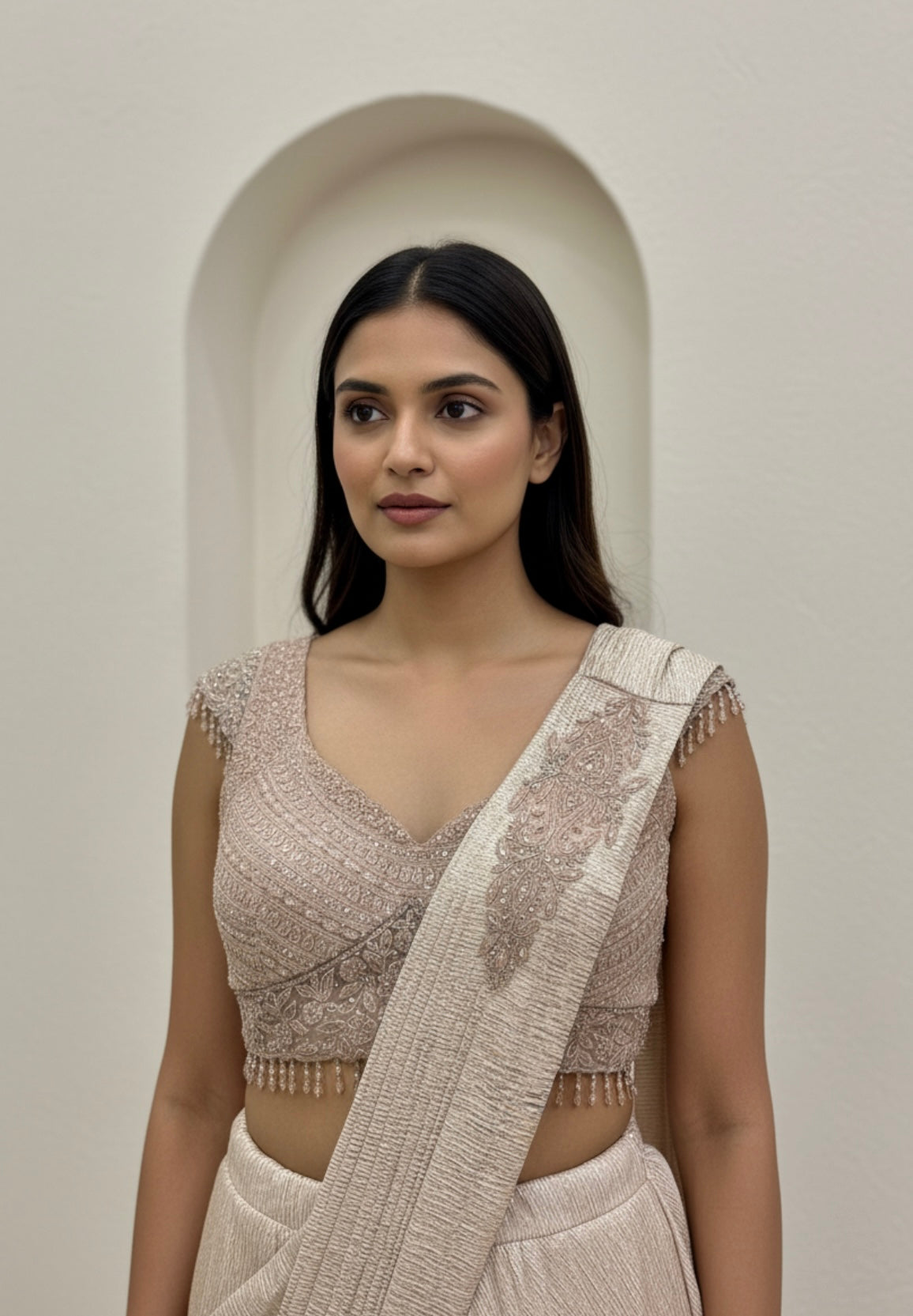 Champagne Gold Shimmer Drape Saree with Embellished Blouse