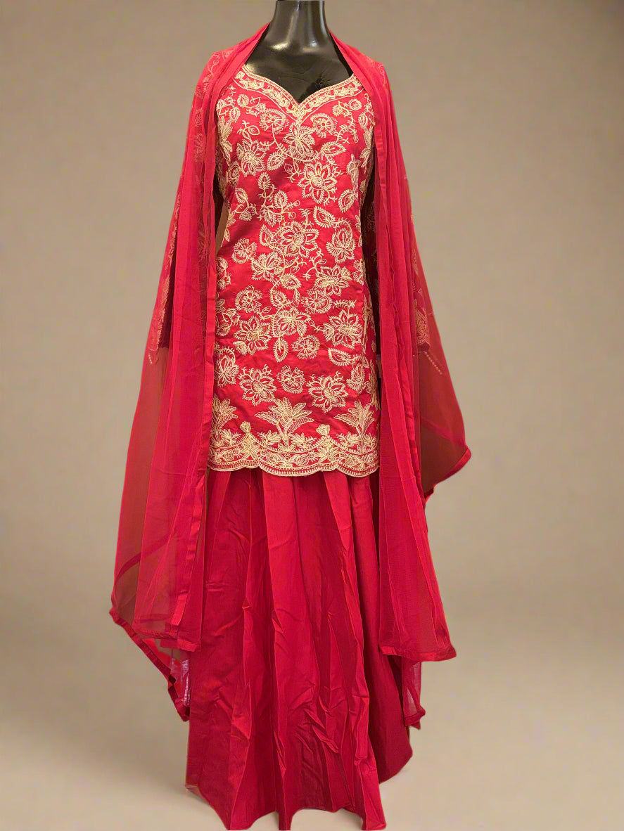 Red Embroidered Sharara Set