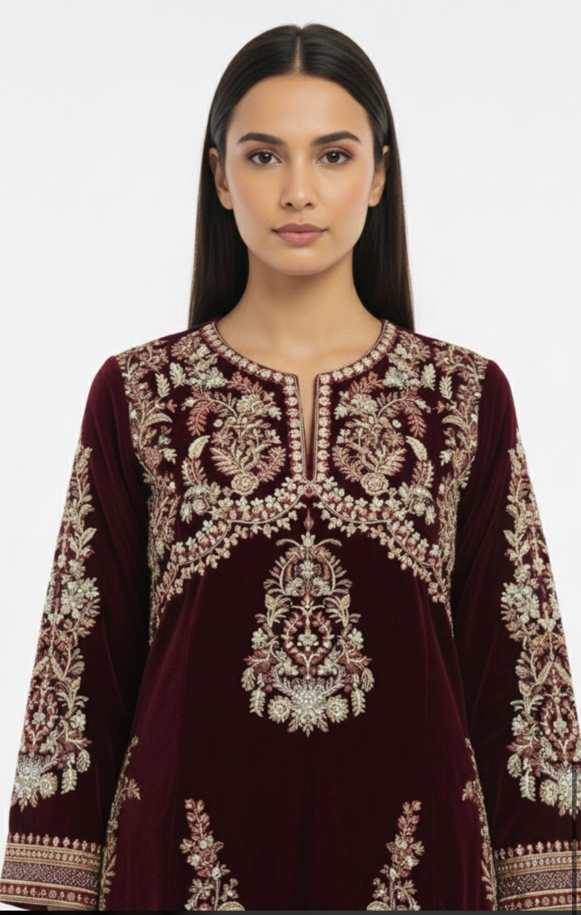 Embroidered Velvet Kurta – Maroon Majesty