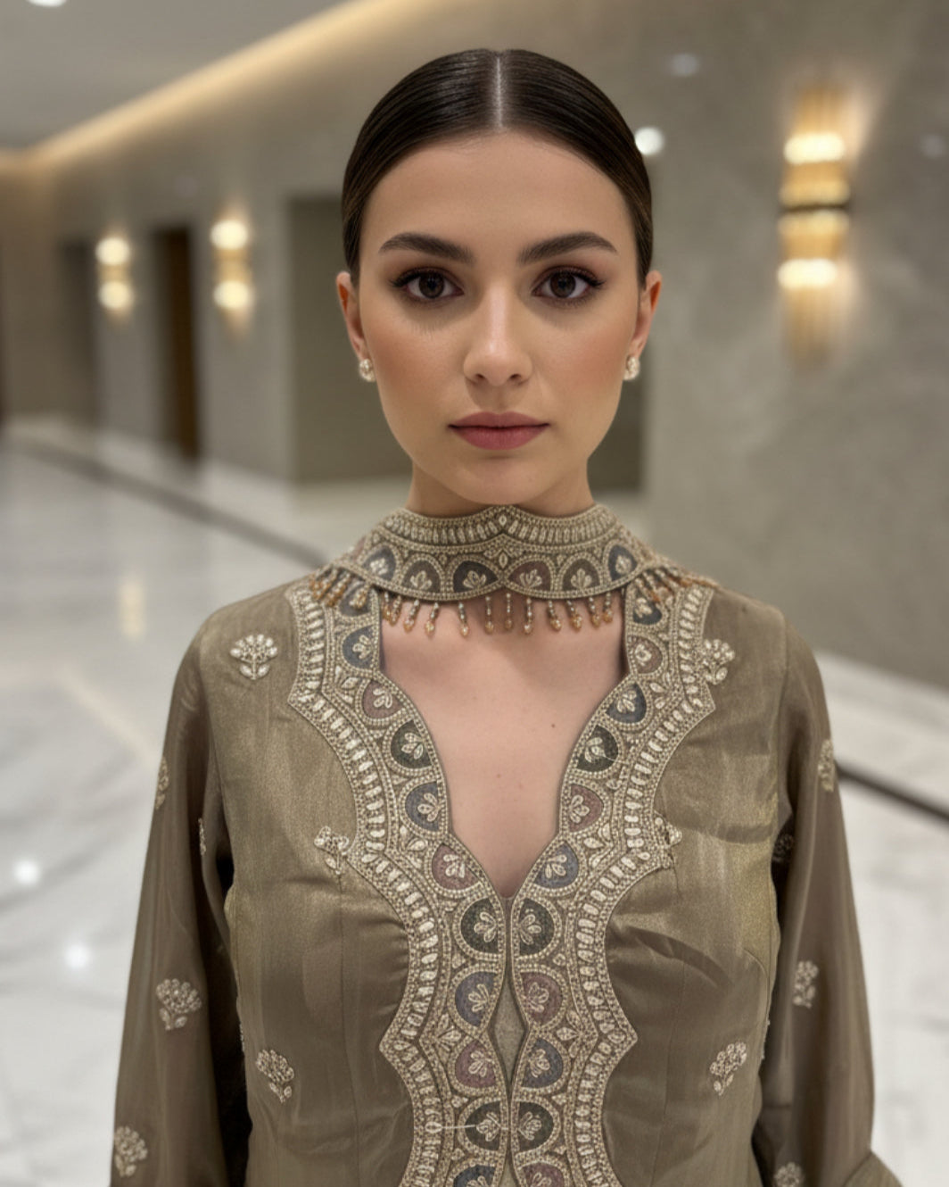Olive Gold Embroidered Sharara Suit