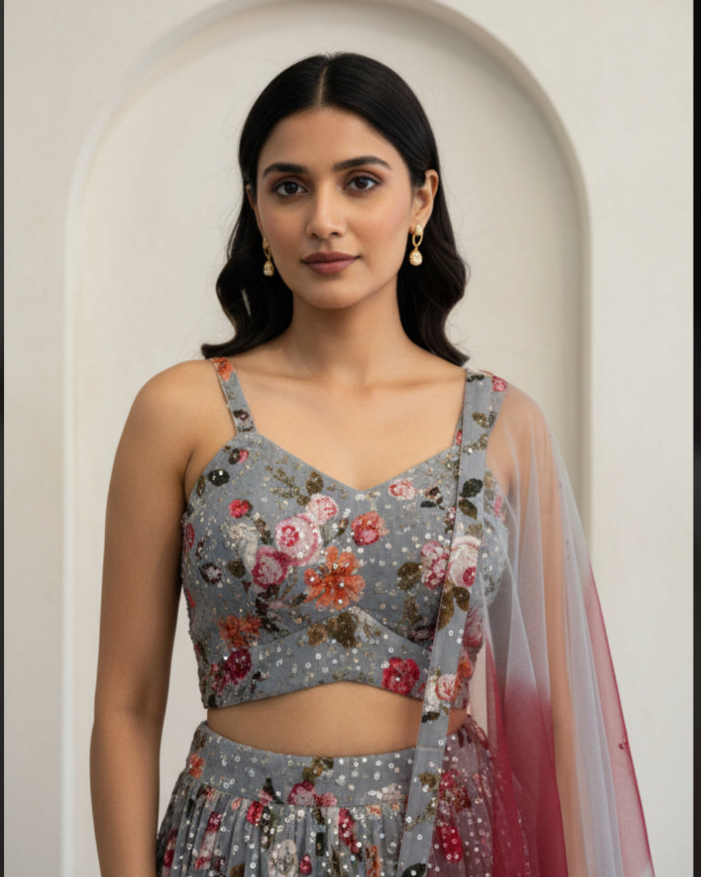 Grey Floral Sequined Embroidered Lehenga Set