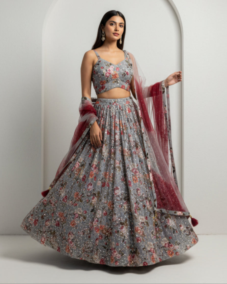 Grey Floral Sequined Embroidered Lehenga Set