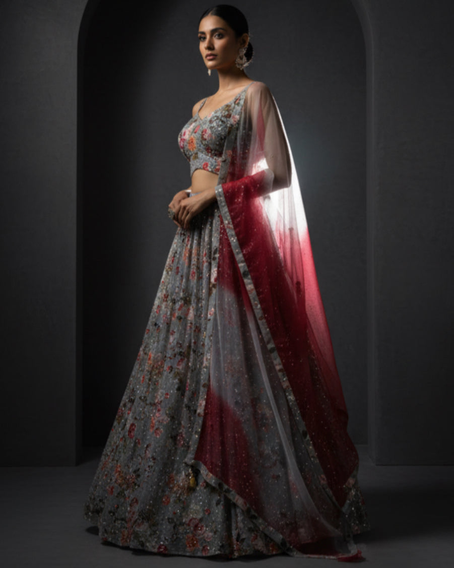 Grey Floral Sequined Embroidered Lehenga Set