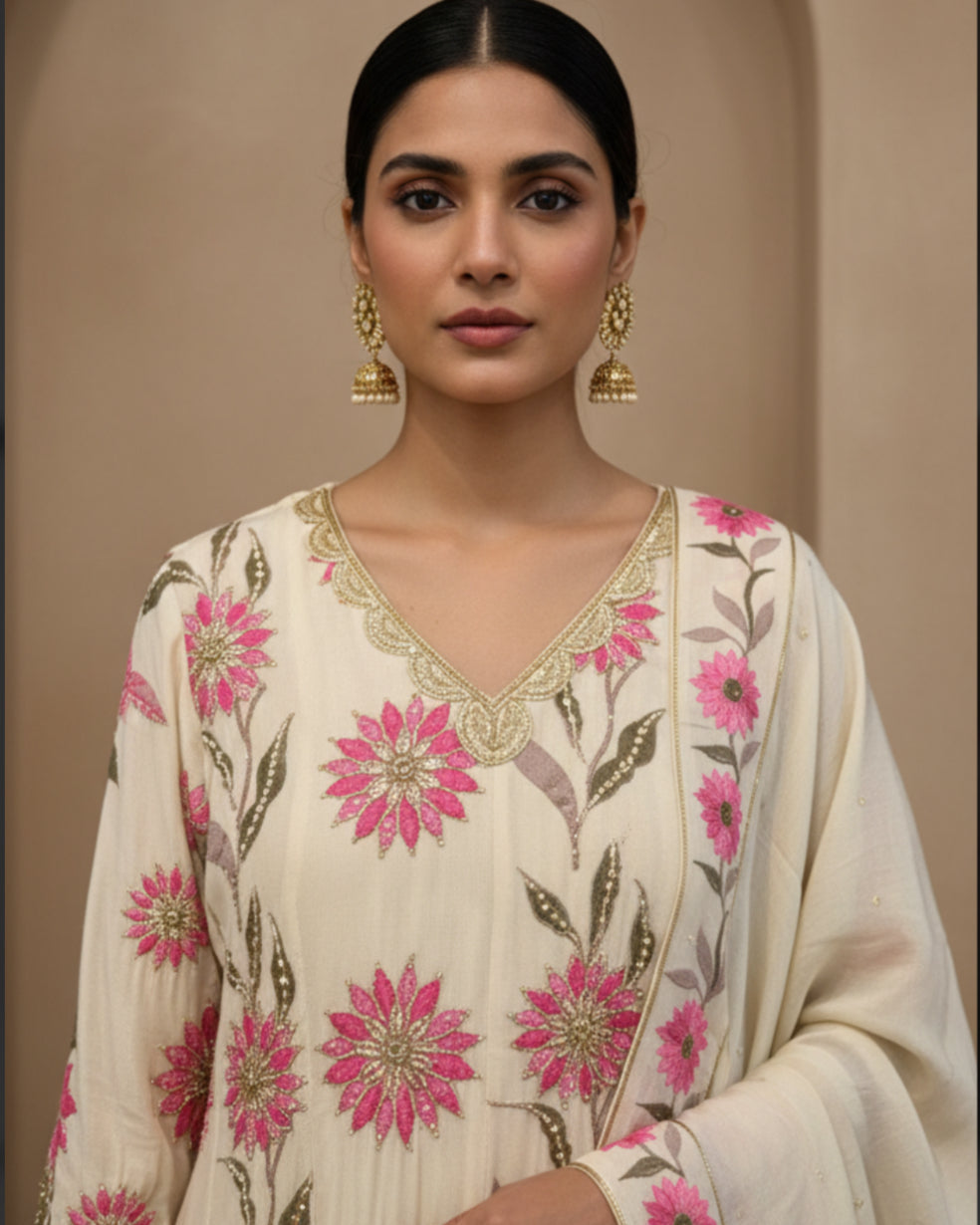 Ivory Anarkali Set with Pink Floral Embroidery