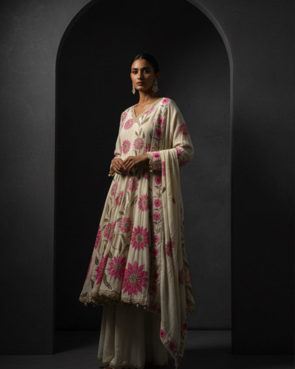 Ivory Anarkali Set with Pink Floral Embroidery