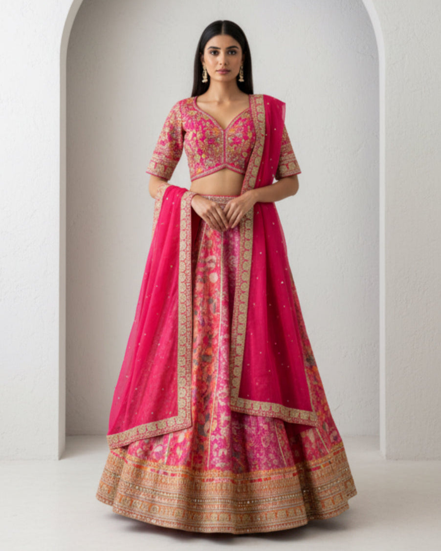 Fuchsia Pink Zari Embroidered Lehenga Set
