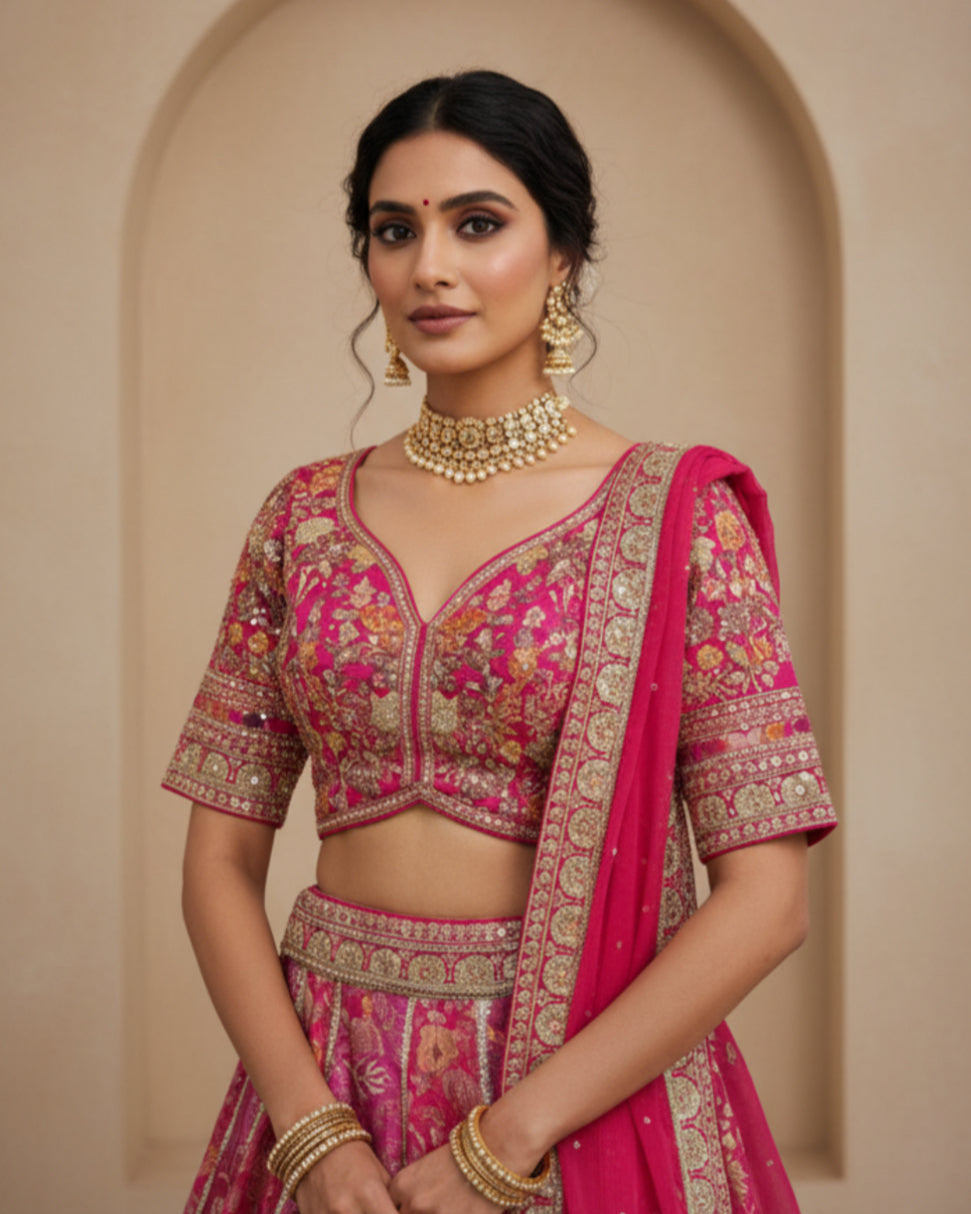 Fuchsia Pink Zari Embroidered Lehenga Set