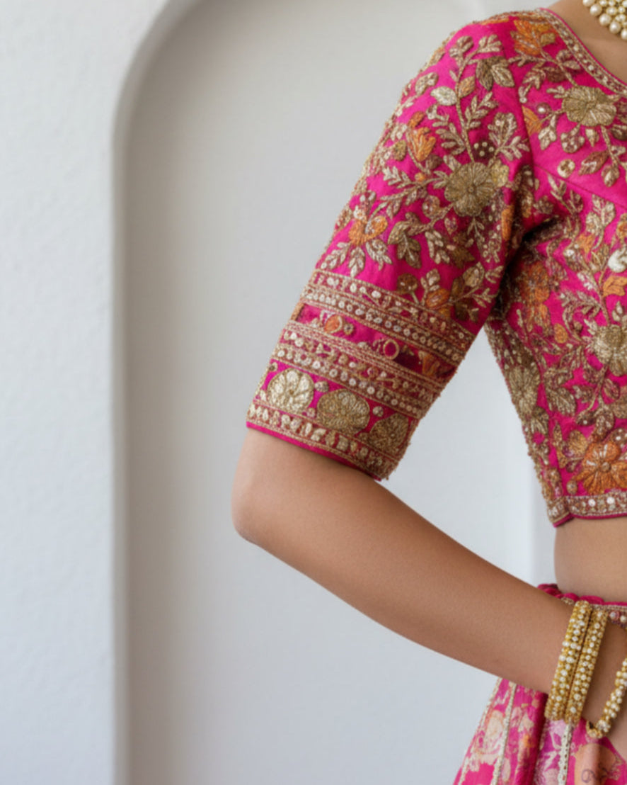 Fuchsia Pink Zari Embroidered Lehenga Set
