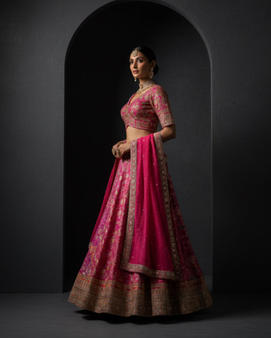Fuchsia Pink Zari Embroidered Lehenga Set