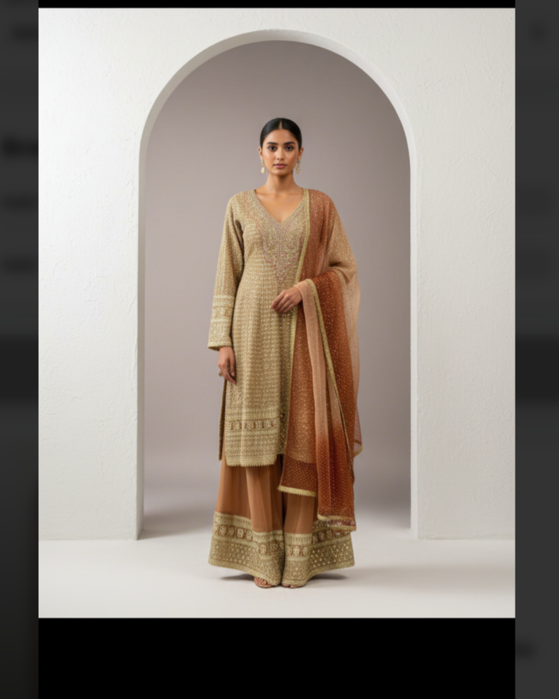 Brown and gold Embroidered Sharara Set with Dupatta