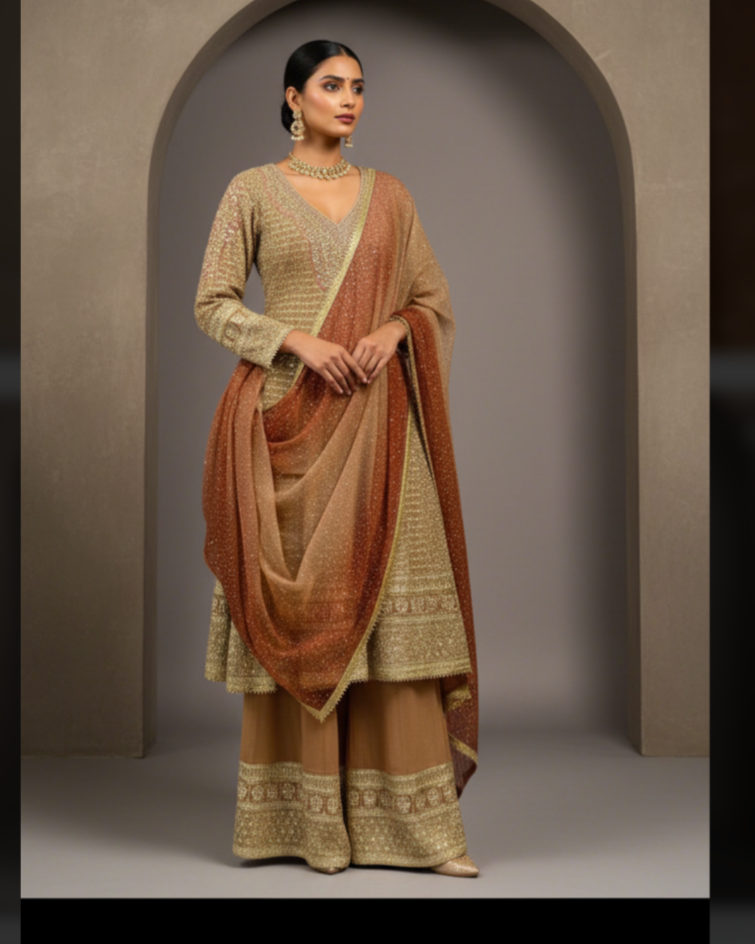 Brown and gold Embroidered Sharara Set with Dupatta
