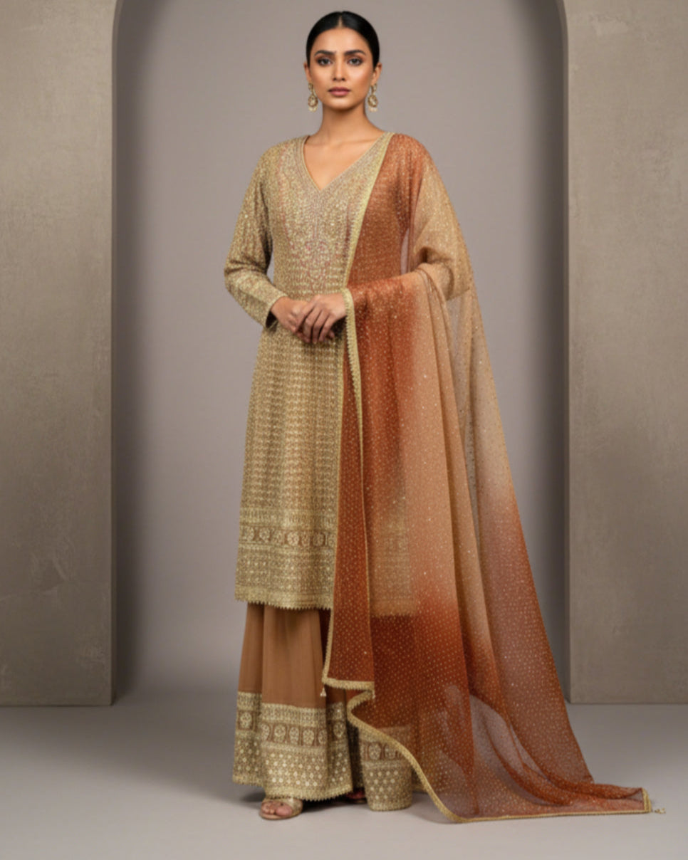Brown and gold Embroidered Sharara Set with Dupatta